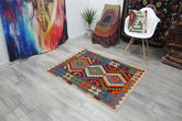 Flat Weave Kilim Antique Navaho Vintage handmade Geometric Kilim Red Gray Hand-Woven Rectangle 100% Wool Area Rug 3x5